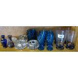 2 silvered vases, 9cm, 6 blue goblets, 4 engraved tumblers etc