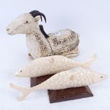 An Oriental bone-covered antelope box, and a pair of carved and polished ivory fish, antelope length