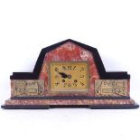 A French Art Deco 2-colour marble-cased mantel clock, with gilt-bronze mounts, dial signed Besancon,