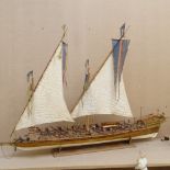 18th century French Lateen rigged galley, 5 guns, handmade model ship on stand, length 105cm, height