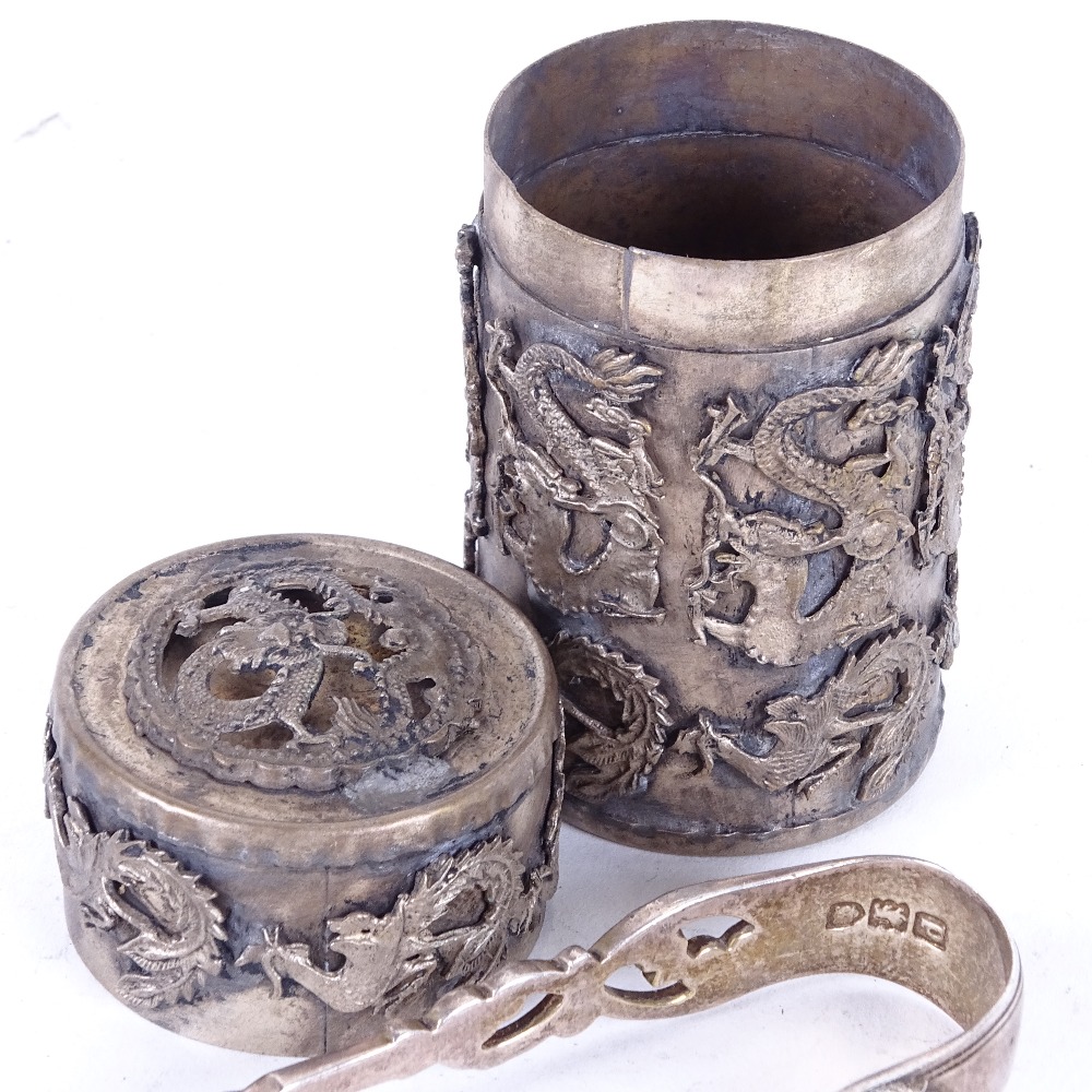 A pair of 19th century silver sugar nips, and a Chinese white metal cylindrical box and cover, - Image 2 of 2
