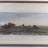 J Wilton, watercolour, sunset landscape, 25cm x 53cm, framed