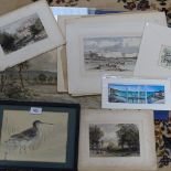Oriental framed study of a wading bird, unframed watercolours, engravings etc