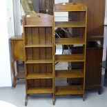 2 oak Arts and Crafts narrow open bookshelves