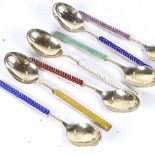 A set of 7 sterling silver and coloured enamel teaspoons, by Meka, Denmark, boxed