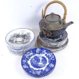 D Cohen Studio pottery raku teapot with bamboo handle, 12 French Terre de Fer commemorative plates