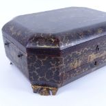 An Antique Chinese export gilded black lacquer octagonal workbox, court scenes with floral borders