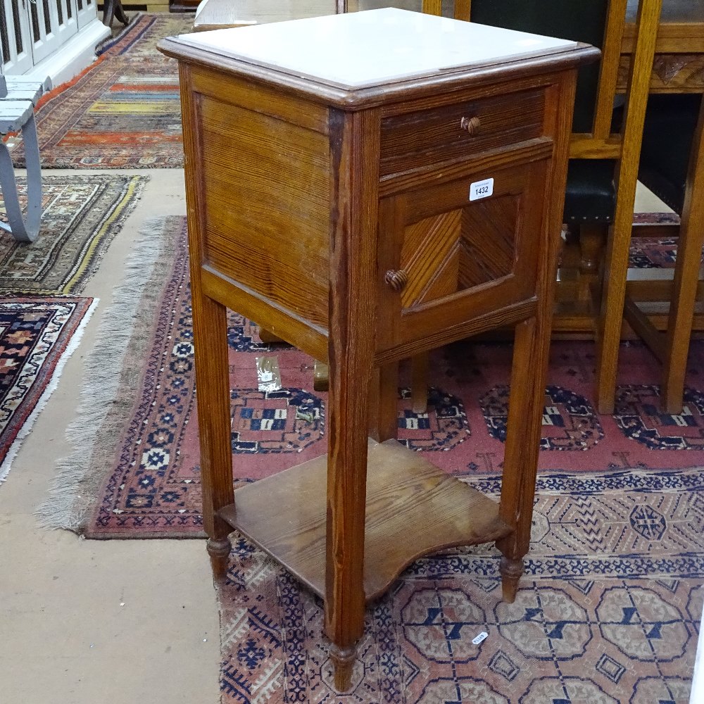 A French marble-top and pitch pine pot cupboard, W40cm, H82cm