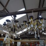 2 similar gilt and ceramic chandeliers with lustre drops, diameter 45cm