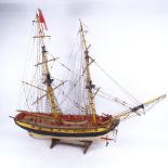 A handmade model of the 18th century American sailing ship Lexington, on stand, length 88cm,