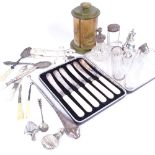 A cased dessert knife set, a silver-handled button hook, toilet jars, and a cigarette dispenser etc