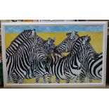 Clive Fredriksson, large oil on board, zeal of zebra, 90cm x 151cm, framed