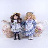 3 Victorian pottery wash jugs, tallest 31cm, and 2 boxed modern dolls