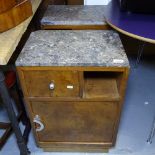 A pair of French marble-top walnut Art Deco bedside cabinets, W45cm, H67cm