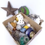 Various collectables, including carved wood star ornament, stained glass panel, blue agate slice etc