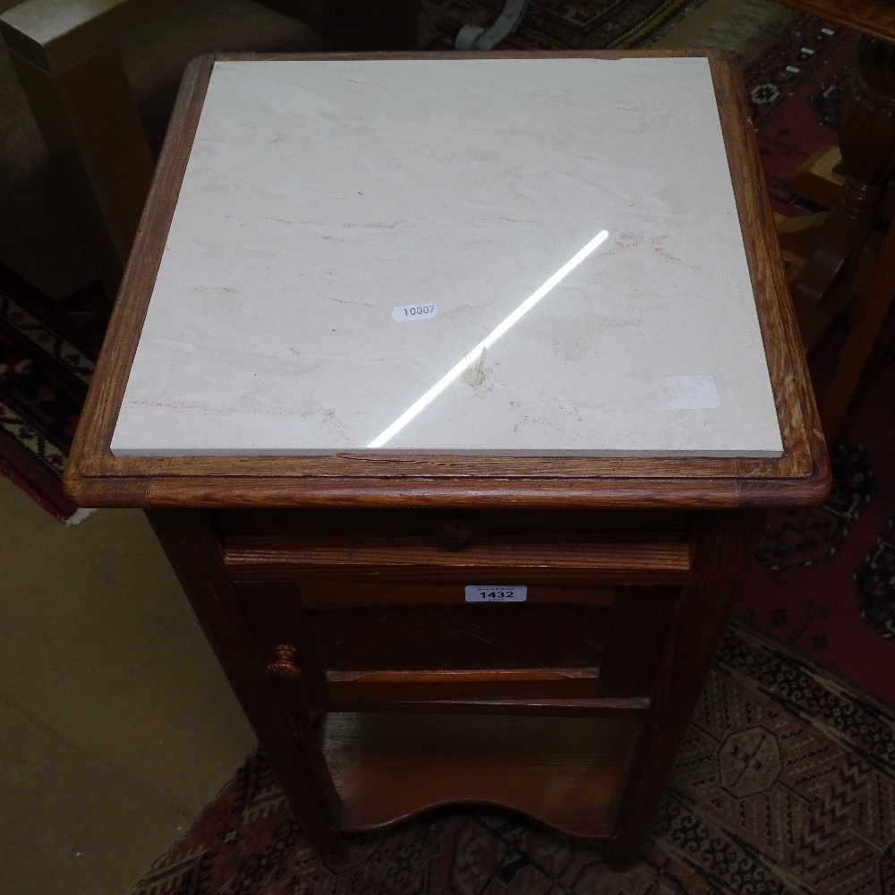 A French marble-top and pitch pine pot cupboard, W40cm, H82cm - Image 2 of 2