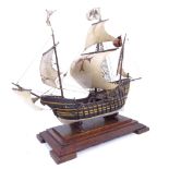 Handmade model ship on stand of a 17th century Spanish galleon, length 46cm, height 39cm