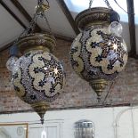 A pair of Middle Eastern Islamic brass and mirror mosaic hanging lanterns, lantern height 40cm