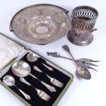 A Georgian silver tablespoon, a plated dessert set, a bottle holder etc
