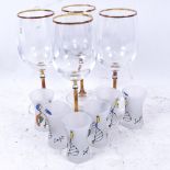 A set of 4 Bohemian gilded wine glasses, and a set of hand painted frosted glass drinking tots,