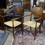 A pair of William Birch of High Wickham Arts & Crafts elbow chairs, with rush seats, circa 1900