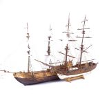2 handmade model 19th century ships, largest length 52cm, height 38cm