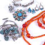 A collection of turquoise and silver jewellery, a coral bead necklace, glass beads etc