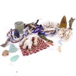 Various collectables, including carved stone fertility figure, jadeite items, embroidered silk