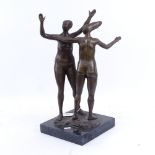 After A Leonard, French modernist bronze sculpture group, 2 dancing ladies, signed, on black