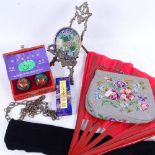 A needlepoint bag, a small brass table easel, a cloisonne dish, 9cm etc