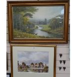 A large textured coloured print, Abbey ruins, and a modern watercolour, farmyard scene, both