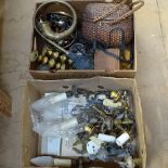 2 boxes of wall light fittings, candlesticks, Brownie camera, tea tray etc