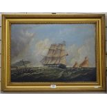 19th century oil on board, ships off the coast, unsigned, 43cm x 62cm, framed