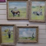 A set of 4 oils on canvas, portraits of country folk, mid-late 20th century, unsigned, 14" x 10"