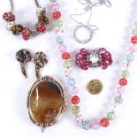 A coloured glass bead necklace with 9ct gold mount, a Victorian brooch, silver costume jewellery etc