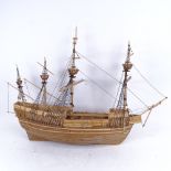 A handmade model ship, 17th century 4-masted galleon, length 70cm, height 53cm