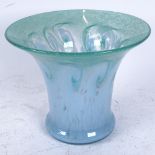 A Monart Studio glass flared vase, blue and green marbled decoration, unsigned, height 16cm
