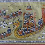 An Oriental silk embroidered picture, depicting procession of dragon boats, 32cm x 68cm, framed