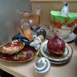 A large Carlton Ware lobster bowl, a Lladro swan, a Poole Pottery dolphin etc