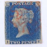 GB - 1840 Two Pence Blue lettered IE cancelled by Red Maltese Cross, on stock card, Gibbons