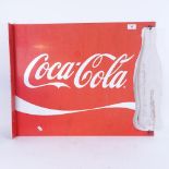 A large Vintage red and white Coca-Cola advertising sign, with swivel bottle mount, 53cm x 65cm