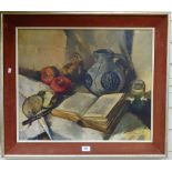 Gruber, oil on canvas, still life fruit and book, signed, 50cm x 60cm, framed