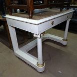 An Antique painted and gilded console table, with single frieze drawer and barrel turned legs,