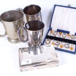 A rectangular silver plated cigarette box, with inscription, 1935, coffee spoons, plated tankards