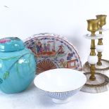Oriental fan-shaped ceramic brush pot, gilt-bronze candlesticks, Chinese blue and white bowl etc