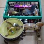 A box with cow bells, ceiling light bowl, comport etc