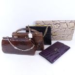 A large snakeskin clutch bag, length 43cm, a crocodile skin clutch bag, and 3 leather handbags