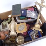 A large quantity of various collectables, including commemorative medals, brass crucifix, Bibles,