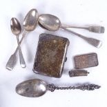 A collection of silver items, to include cigarette box, silver spoons etc, 7.4oz