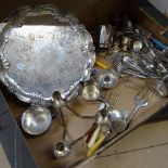 A box containing silver plate on copper engraved salver, cutlery etc